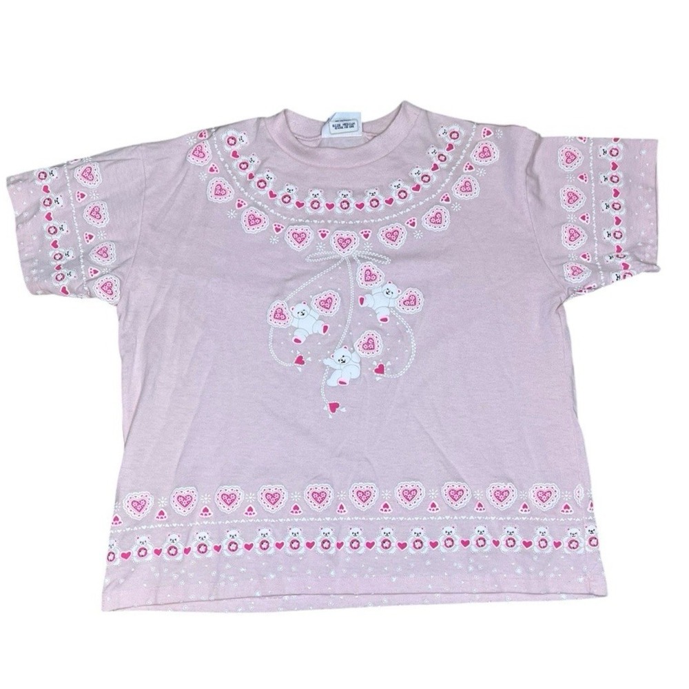 Vintage Spumoni Pink Floral Teddy Bear Puff Print Cottagecore T Shirt Medium Tee